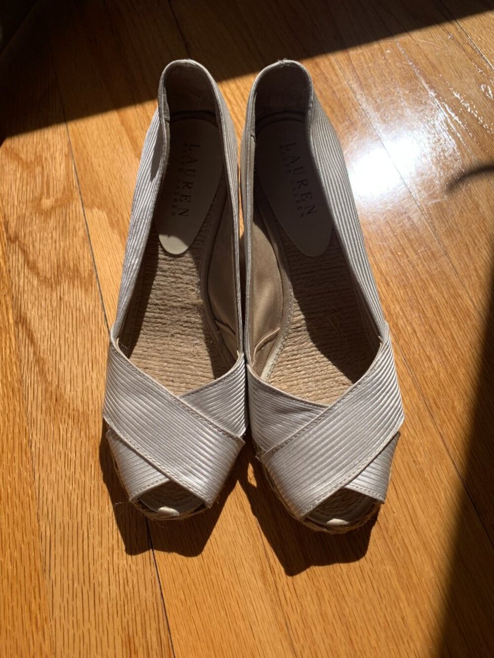 Lauren Ralph Lauren Beige and Cream Stripe Peep Toe Espadrille Wedge-sz 7B